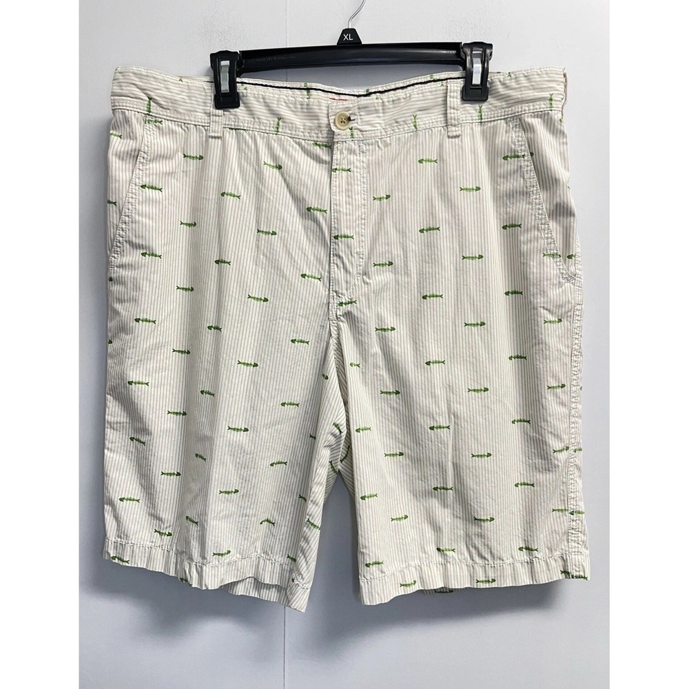 Izod Shorts Men's Size 38 White Brown Stripe 100% Cotton Fishbone 10" Inseam
